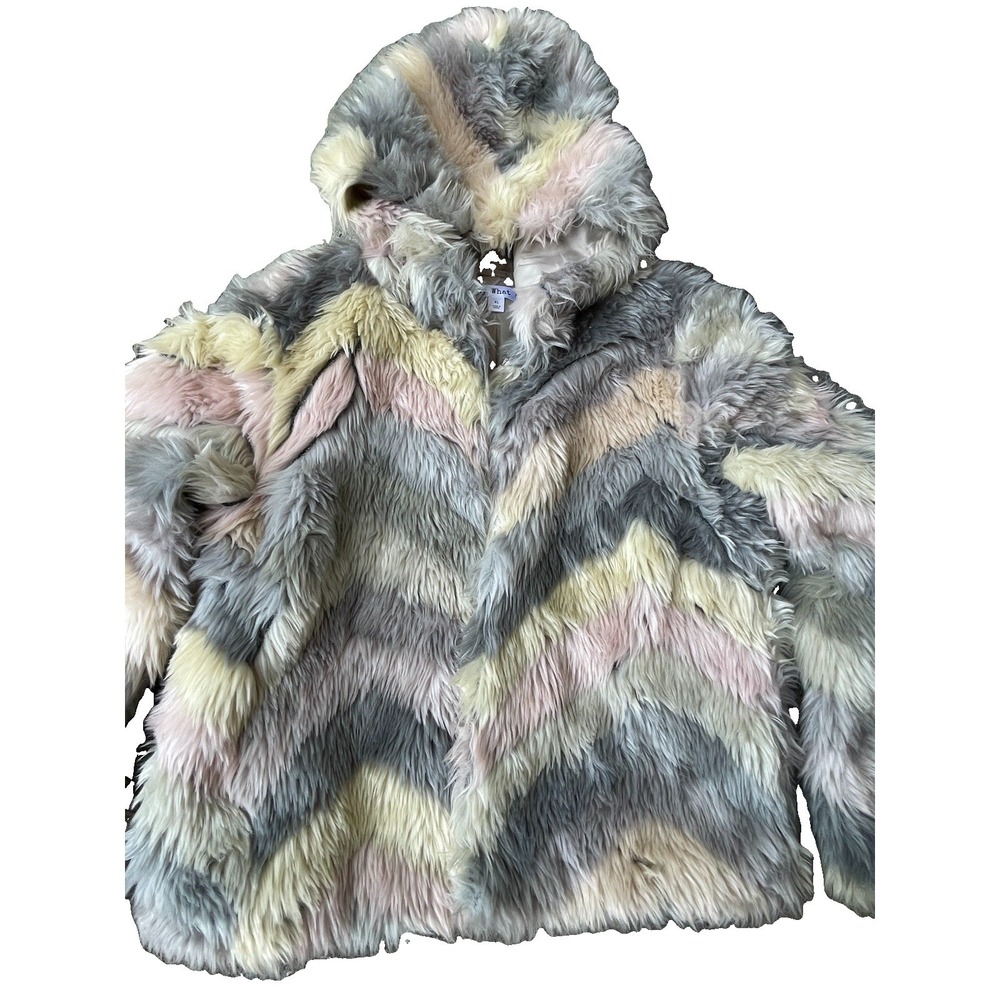 Faux Fur Teddy Coat XL Pink Gray Chevron Stripe Hooded Plush Say What? Jacket